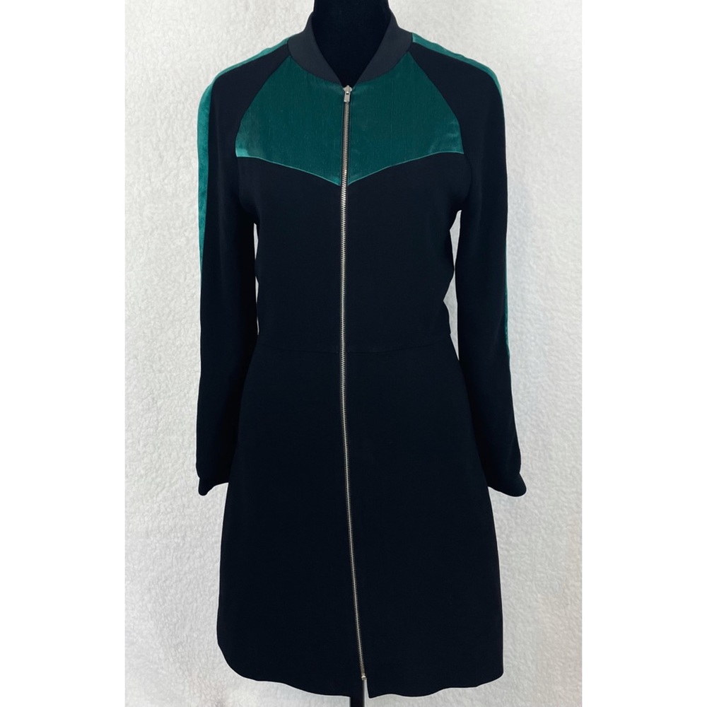 MAJE • Black/Green Rizia Contrast-Inset A-Line Long Sleeve Mini Dress, S - Picture 5 of 16